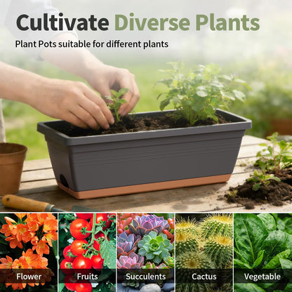 LESOASIS Window Box Planter, 6 Pack Plastic Vegetable Flower Window Planters Boxes 16 Inches Rectangular Flower Pots with Drainage Holes and Saucers (Grey)