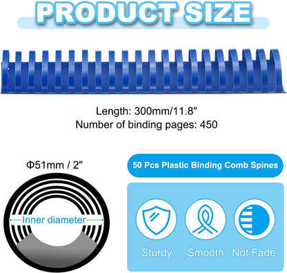 PATIKIL 51mm (2") Plastic Binding Combs, 50 Pcs 21 Rings Comb Binding Spines 450 Sheet Capacity Letter Size for Binding Paper Sheets Notebook Calendar Picture Album, Blue