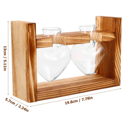 Healvian Heart-Shaped Glass Terrarium Vase with Wooden Stand, Hydroponic Planter for Indoor Plants, Desktop Home Decor, 2pcs Set with Retro Frame Packaging
