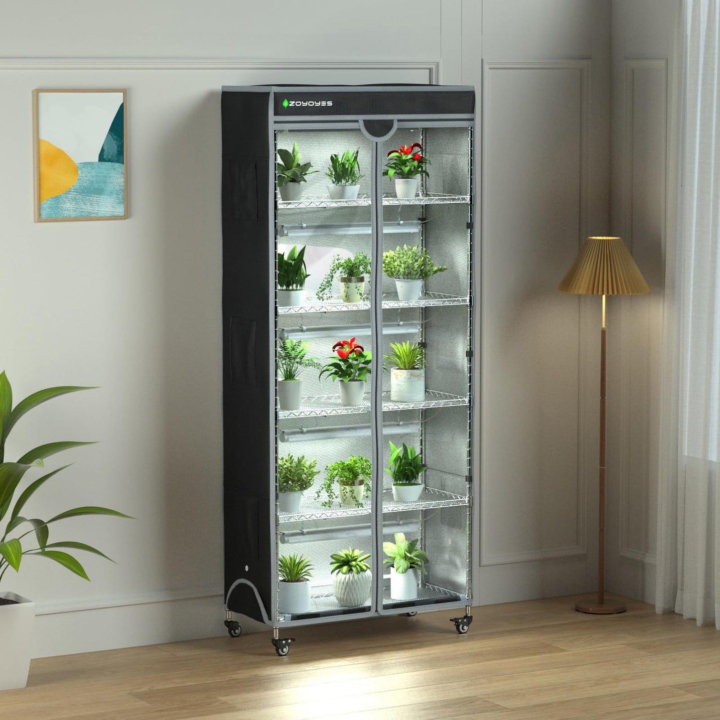 ZOYOYES Indoor Greenhouse 6-Tier Plant Rack with Cover, 5 T8 Grow Lights, Thermometer & Timer – Seedlings, Flowering, Herbs & Vegetables, Indoor Gardening, Easy Assembly 30" W x 14" D x 72" H
