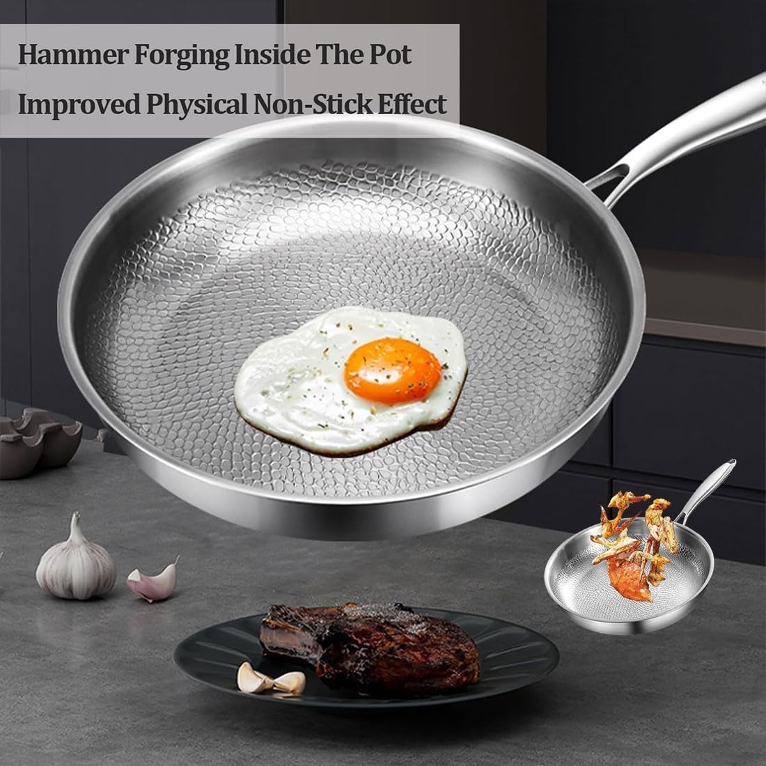 Upgraded Siraats Titanium Hammered Pan, Pot with Lid 10/11/12in Non Stick Titanium Skillet, Scratch-Resistant Multifunctional Durable Safety Frying Pan, Compatible with All Cooktops(L:11in/28cm)