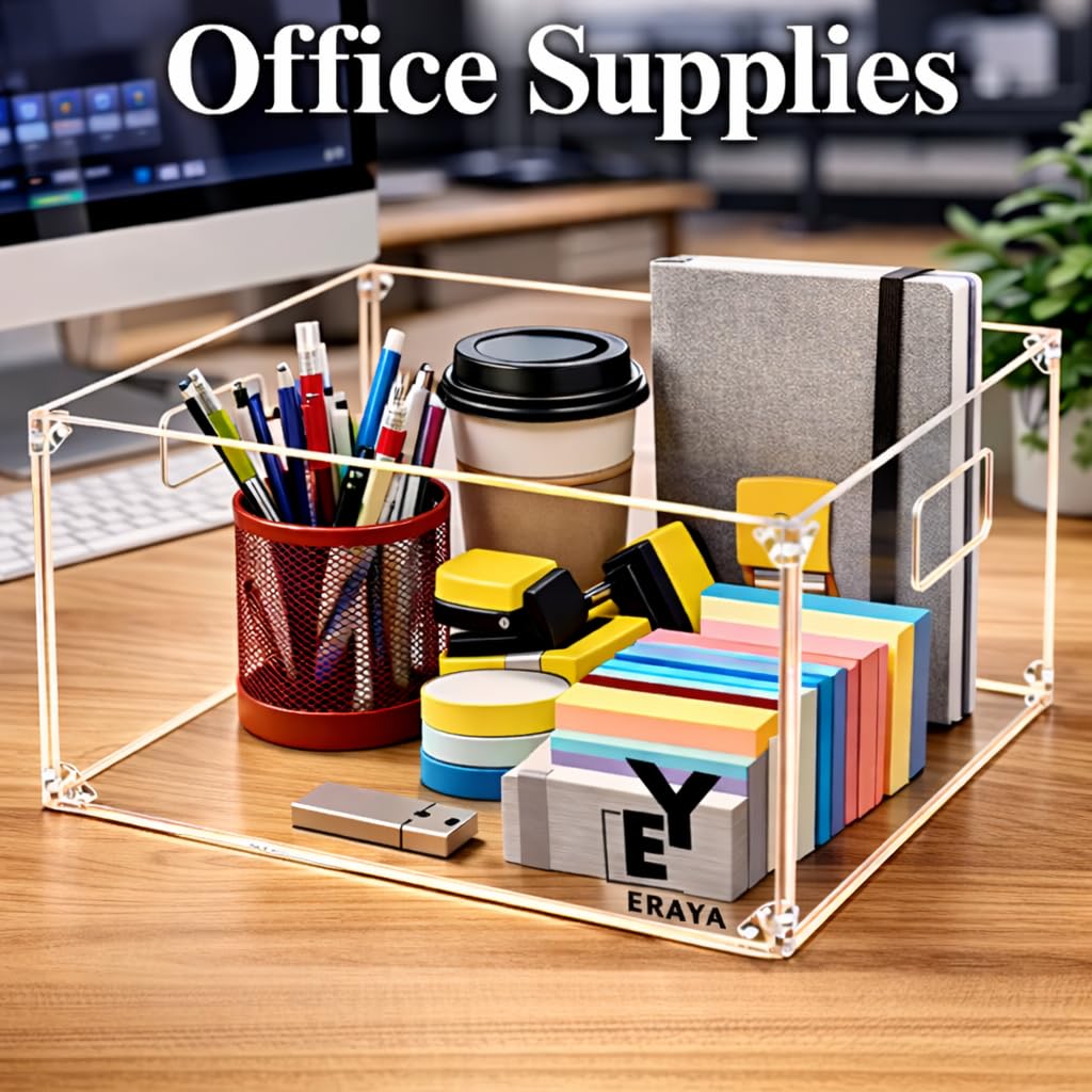 ERAYA Clear Acrylic File Organizer with Handles, Portable Hanging File Box for Letter/A4 Documents 8.5"x11", Sleek Desktop Storage for Office, Home, Study, Magazines, Notebooks, and School Supplies