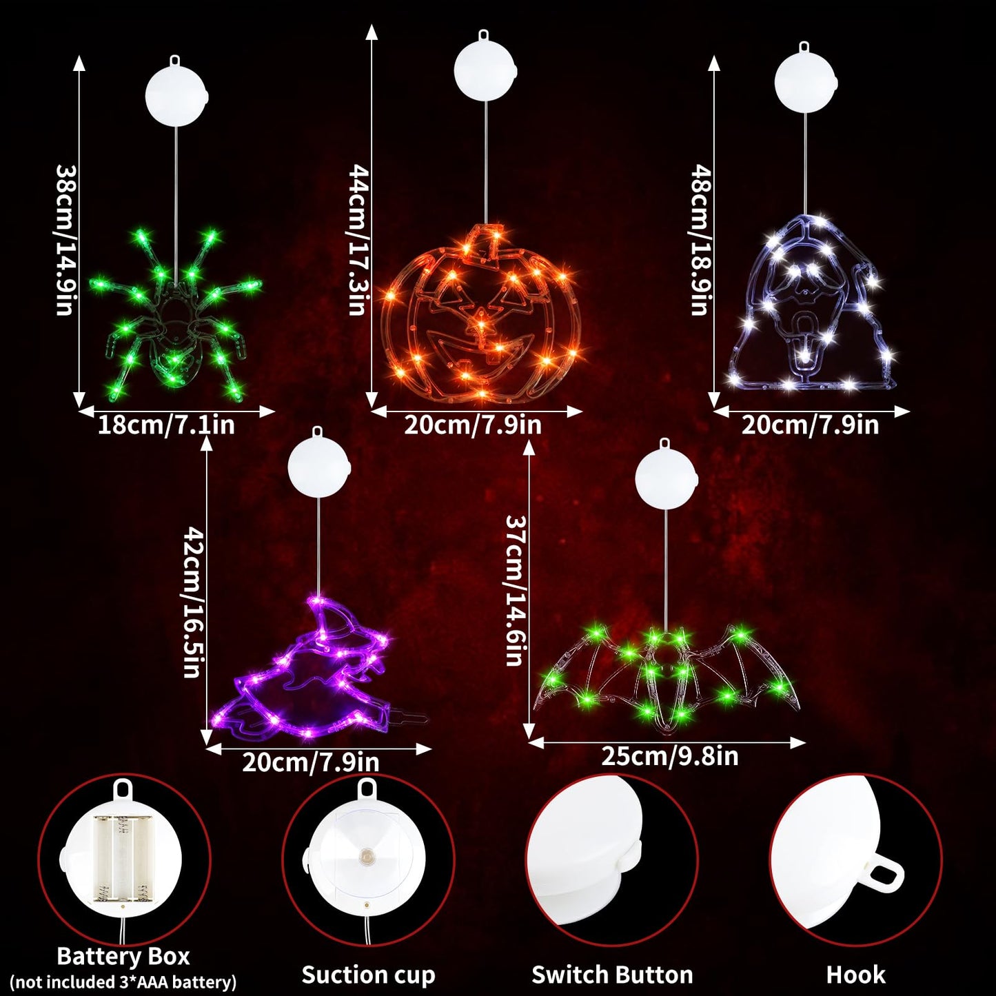 Wlicon 5 PCS Halloween Lights Decorations Green Spider Orange Pumpkin White Ghost Purple Witch Green bat with Suction Cups and Battery Operated Halloween Lights with Timer for Window House Decoration