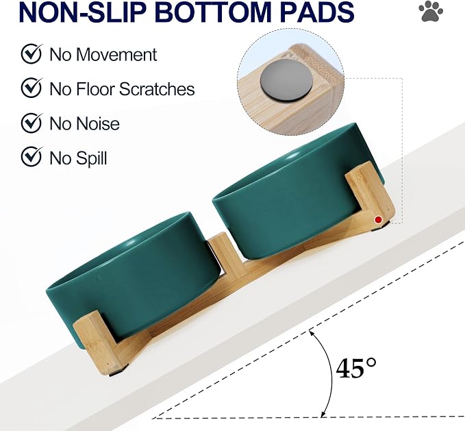 Ceramic Dog and Cat Bowls with Wooden Stand, Modern Design Pet Food and Water Dishes Set for Medium and Large Dogs, Non-Slip Feeding Station with Weighted Base, Green, 28.7 oz - Set of 2