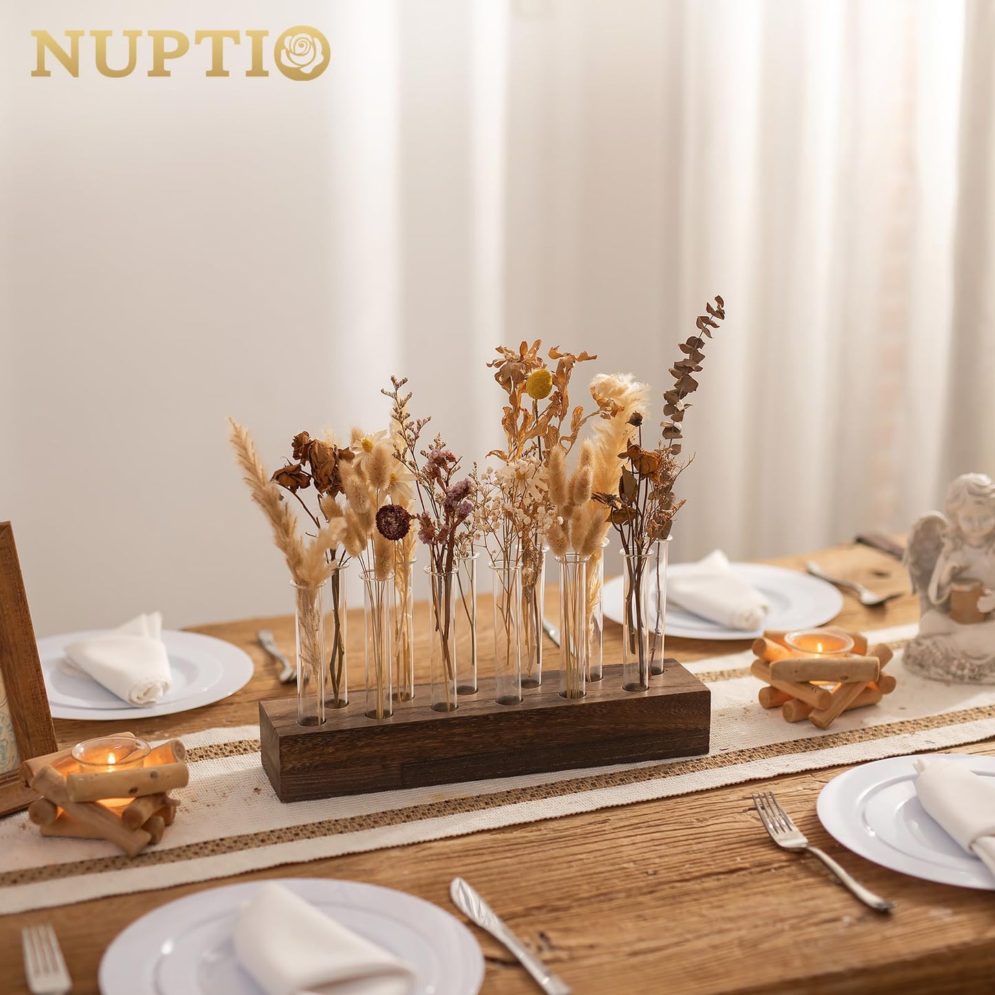 NUPTIO Vase Wedding Centerpiece for Table: 15" Long Rectangular Wooden Base and 12 Pcs Glass Test Tube Bud Vases for Flower Arrangement Dining Table Center Piece Home Decor Gifts for Plant Lovers