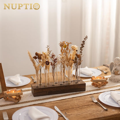 NUPTIO Vase Wedding Centerpiece for Table: 15" Long Rectangular Wooden Base and 12 Pcs Glass Test Tube Bud Vases for Flower Arrangement Dining Table Center Piece Home Decor Gifts for Plant Lovers