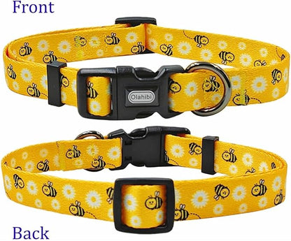 Dog Collar Leash Set, Floral Pattern, Polyester Material, Adjustable Collar and 5ft Matching Leash, for Small Dogs.(S, Bee Daisy)