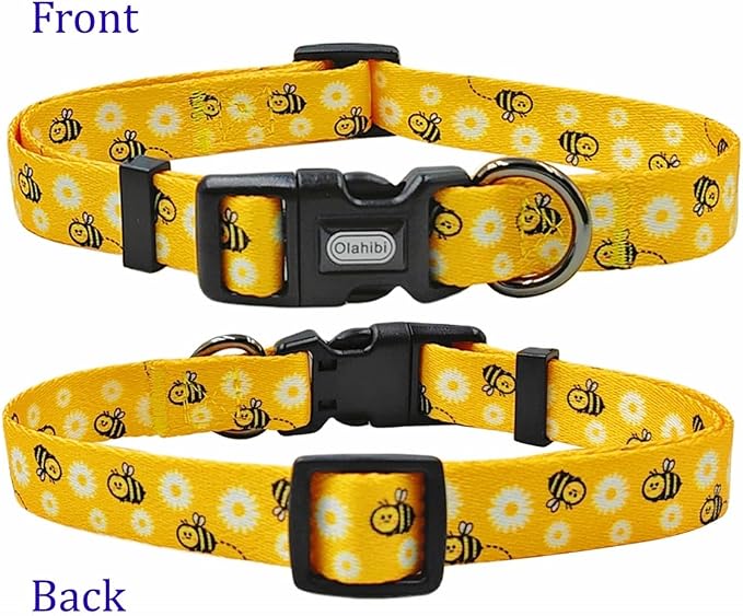 Dog Collar Leash Set, Floral Pattern, Polyester Material, Adjustable Collar and 5ft Matching Leash, for Large Dogs.(L, Bee Daisy)