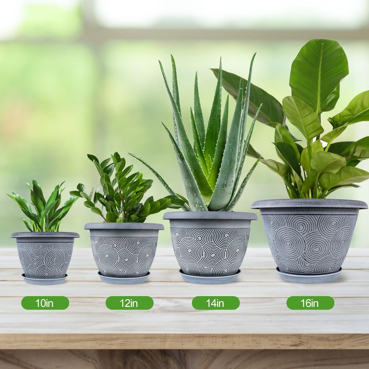 10 Inch Flower Pots Planters for Indoor Outdoor Plants, 3 Pack Plastic Large Plant Pots with Drainage Hole & Tray, Modern Decorative Garden Pot with Saucer, Plant Container for House
