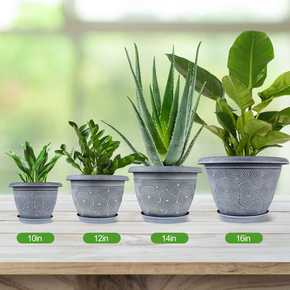 10 Inch Flower Pots Planters for Indoor Outdoor Plants, 3 Pack Plastic Large Plant Pots with Drainage Hole & Tray, Modern Decorative Garden Pot with Saucer, Plant Container for House