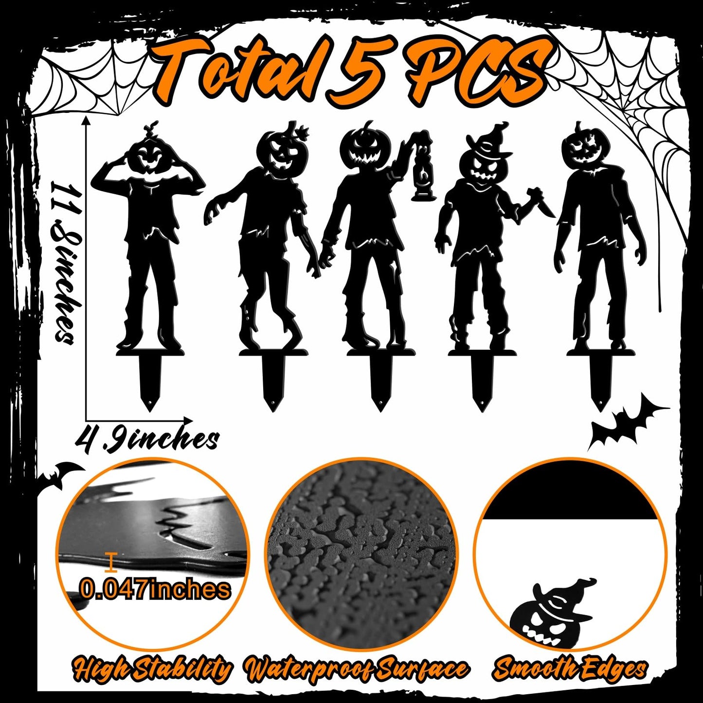 5 Pcs Metal Halloween Yard Signs Halloween Outdoor Decorations Black Metal Art Halloweens Yard Stakes Reusable Skeleton Lawn Sign for Zombie Holiday Party Supply Pumpkin Decor for Garden Prop