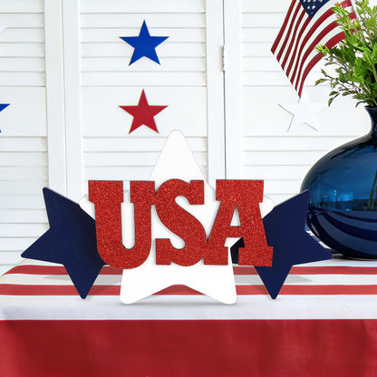 COCHIE Glitter USA Sign 4th of July Decorations for Office, Home, Table, Mantel, Shelf, Desk, 5x10 Inch Patriotic Memorial Day Star Sign, Wooden Red Blue White Decor Labor Day Centerpiece (Star)