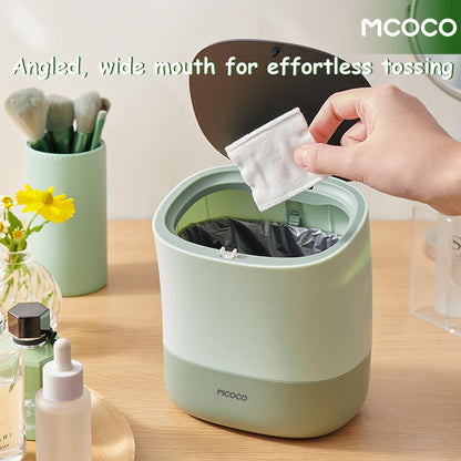 MCOCO Mini Trash Can with Pop Up Lid Portable mini Garbage can Little Plastic Trash Bin for Bedroom Bathroom Desk Coffee Table or Kitchen 0.4 Gallon White with 30 Trash Bags