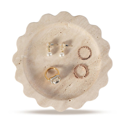 Koville 5.51" Travertine Tray, Natural Stone Trinket Dish for Ring Perfume, Round Scalloped Decorative Tray for Bathroom Vanity Dresser Countertop, Home Table Decor
