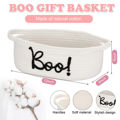 Reallnaive Halloween Boo Woven Basket Cute Storage Spooky Basket with Handle Boo Woven Trick or Treat Gift Organizer for Halloween Party Favors and Decorations Women Men(White,12 x 8 Inch)