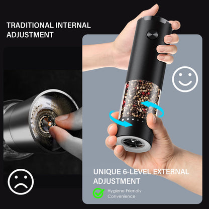 Electric Salt and Pepper Grinder Set, Automatic Salt and Pepper shakers with Upgraded 6-Level External Adjustable Coarseness, Battery Operated, Larger Capacity with Led for Home Kitchen (Black/Black)