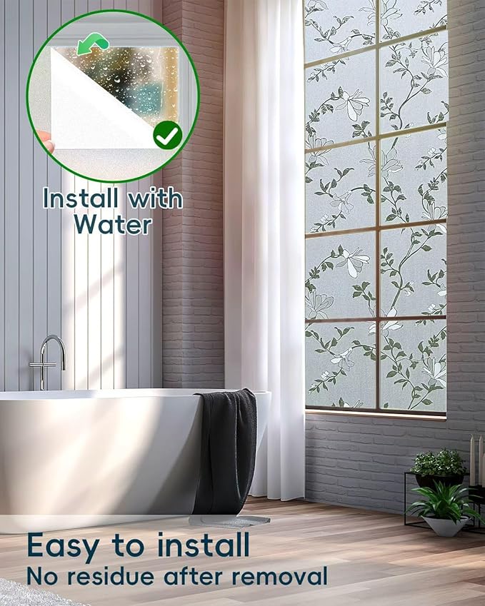 Frosted Glass Window Film with Elegant Flower Design, Bathroom Window Privacy Film for Glass Windows Cover, Static Cling, Removable, Reusable, Anti-UV, Anti-Glare, 23.6 Inch * 157.4 Inch