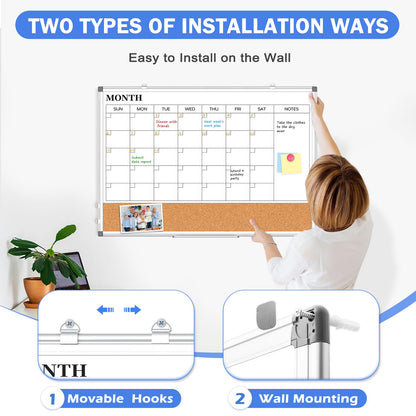 Monthly Calendar Whiteboard Dry Erase Cork Board Combo for Wall, 24" x 18" Double-Sided Calendar White Board and Bulletin Board, Portable Board for Office, Kitchen, School, Home