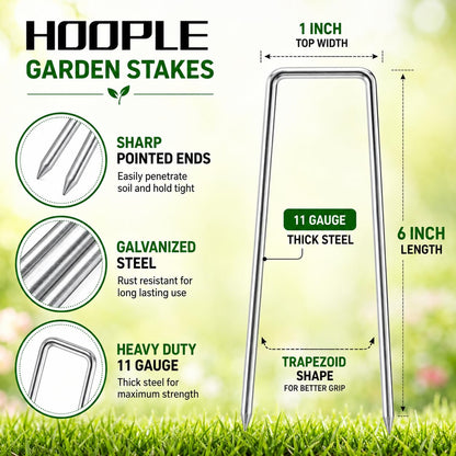 HOOPLE 100 Pack 6 Inch 11 Gauge Heavy Duty Galvanized Landscape Staples, Garden Stakes & Sod Pins for Securing Weed Barrier Fabric, Landscape Fabric, Hoses, Netting & Outdoor Decorations
