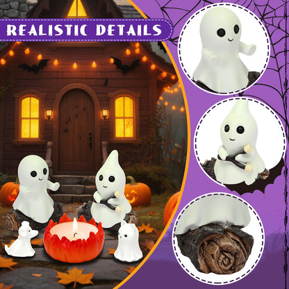 JULEASEL Glow-in-The-Dark Ghost Campfire Gathering, Cute & Cozy Halloween Ghost Figurine Set | 2 Ghosts, Ghost Dog, Ghost Cat and Tea Light Holder | Resin Ghost Statue for Home, Mantel, Shelf, Desk