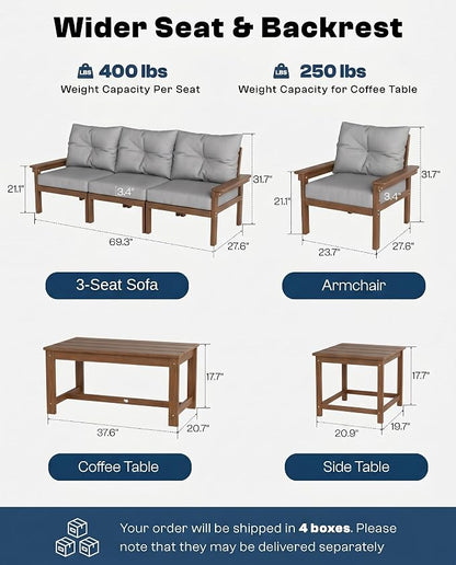 3 Piece HDPE Outdoor Patio Furniture Set, All-Weather 2 Armchairs with Side Table, Patio Conversation Set with Beige Washable Thick Cushion for Balcony/Porch/Backyard (Teak Frame)