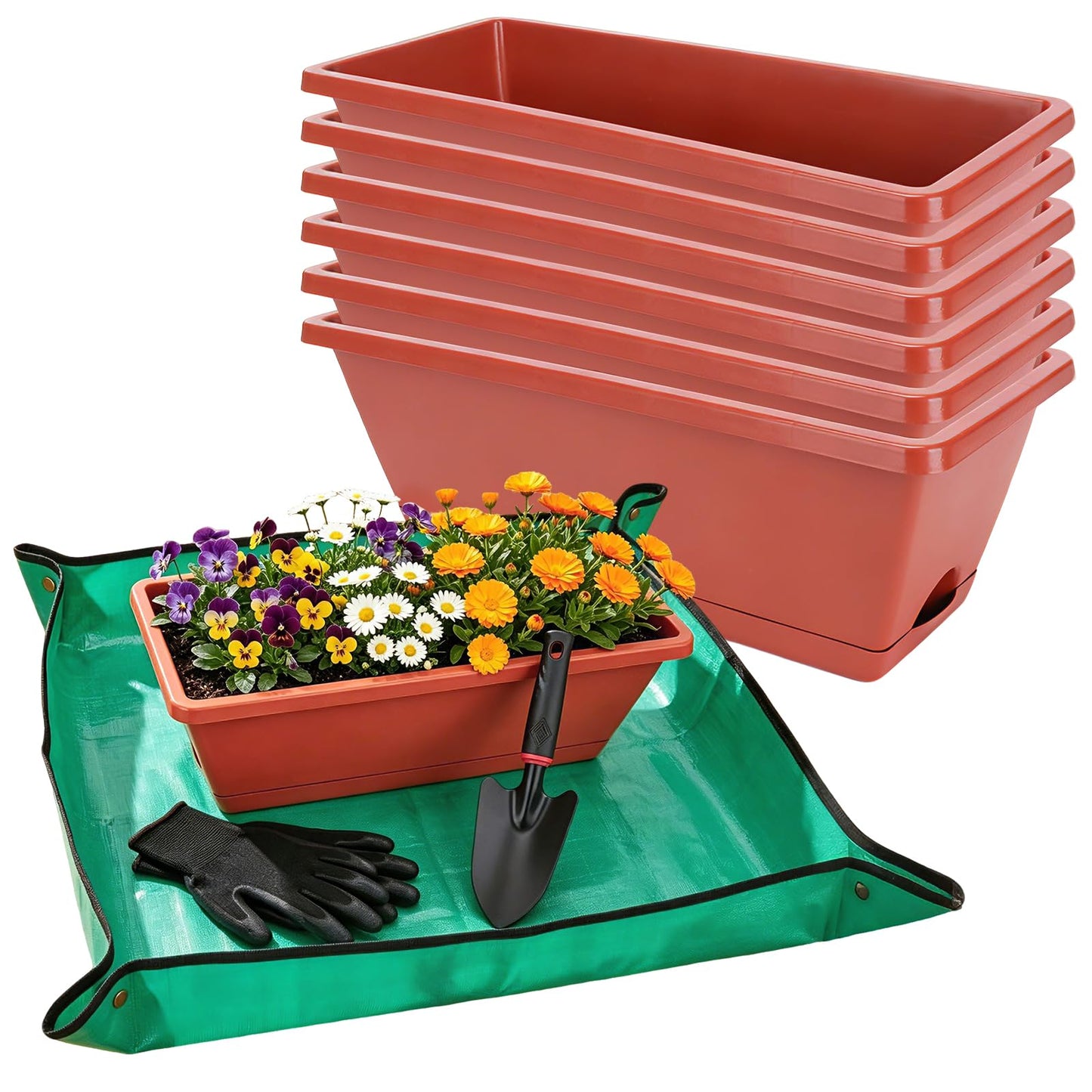 CAKKVDE 7 Pack Window Box Planters, 17 Inch Plastic Rectangular Flower Pots for Indoor/Outdoor Plants, Herbs, Vegetables, Includes Trowel, Waterproof Mat & Gloves (Brick-red)