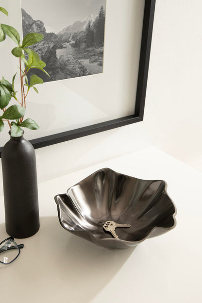 Kate and Laurel Flutte Scalloped Decorative Metal Serving Bowl; 10 x 10 x 3; Black Nickel; Modern Wavy Fruit Bowl for Kitchen Counter or Use as Tabletop Storage for an Entryway Table