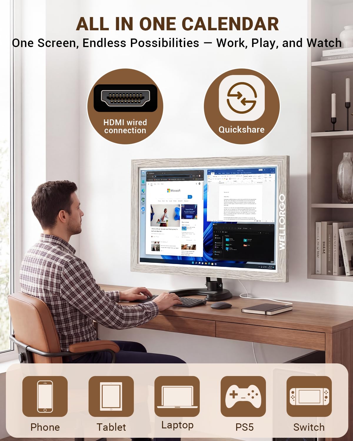 WELLORGO Digital Calendar, 21.5-inch Electronic Calendar for Family Schedules, Touch Screen Smart Planner with Kids' Chores Chart/Meal Plan/Streaming Services, w/Frame, Remote Control & Desktop Stand