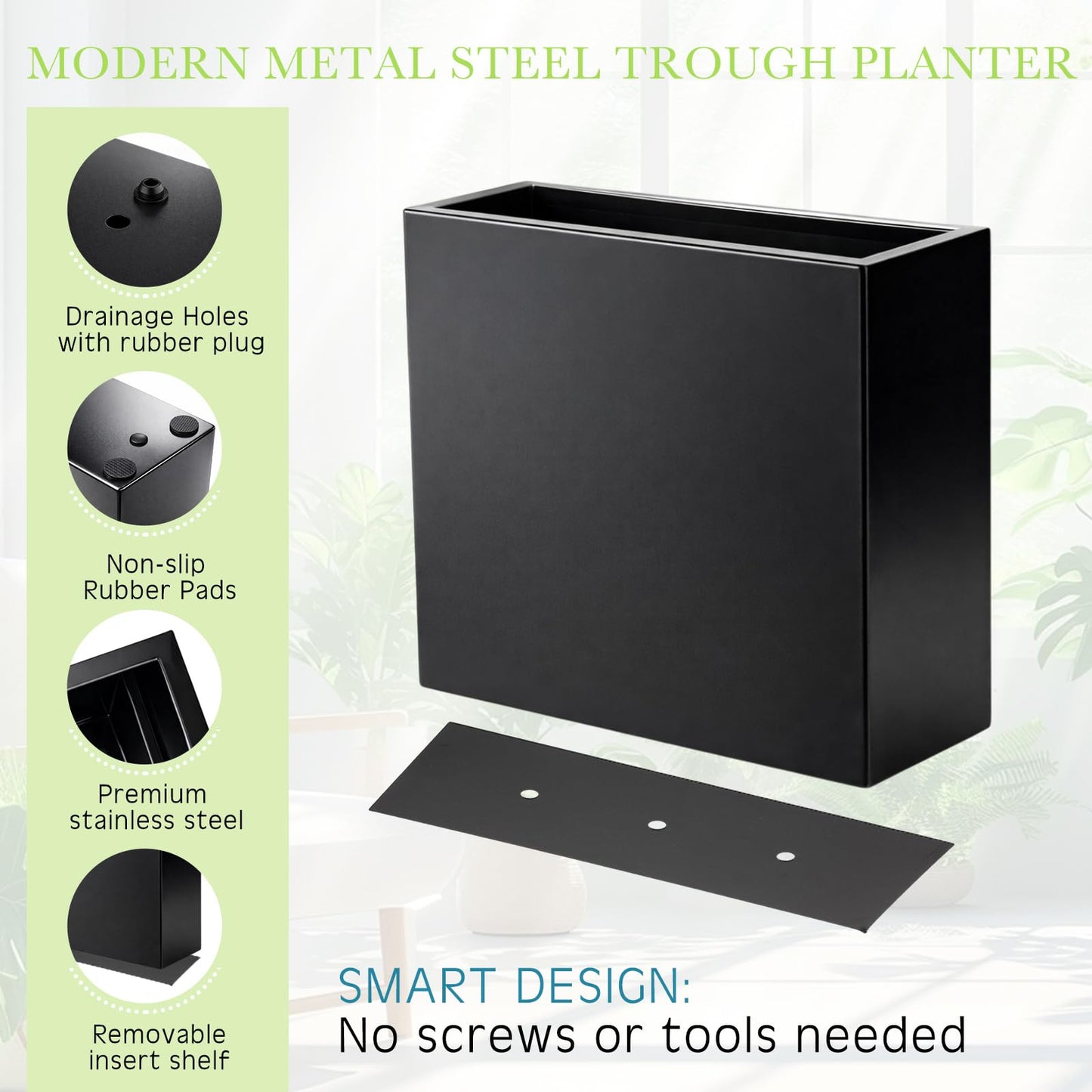 Novabright Deep Metal Planter Box 12" L x 4.5" W x 10" H - Rectangular Indoor Planter Box for Window Outdoor Railing Balcony, Removable Insert Shelf & Drainage Holes for Deep Root Plants Flowers