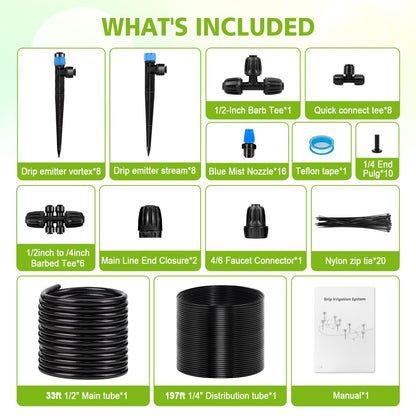 230FT New Quick-Connect Drip Irrigation System Kit, Automatic Garden Watering Misting System for Greenhouse, Yard, Lawn, Plant with 1/2 inch Hose 1/4 inch Distribution Tubing and Accessories