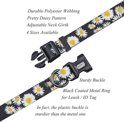 Dog Collar and Leash Set, Cute Daisy Pattern, Polyester Material, 5ft Leash, for Medium Dogs.(Medium,Black Daisy)