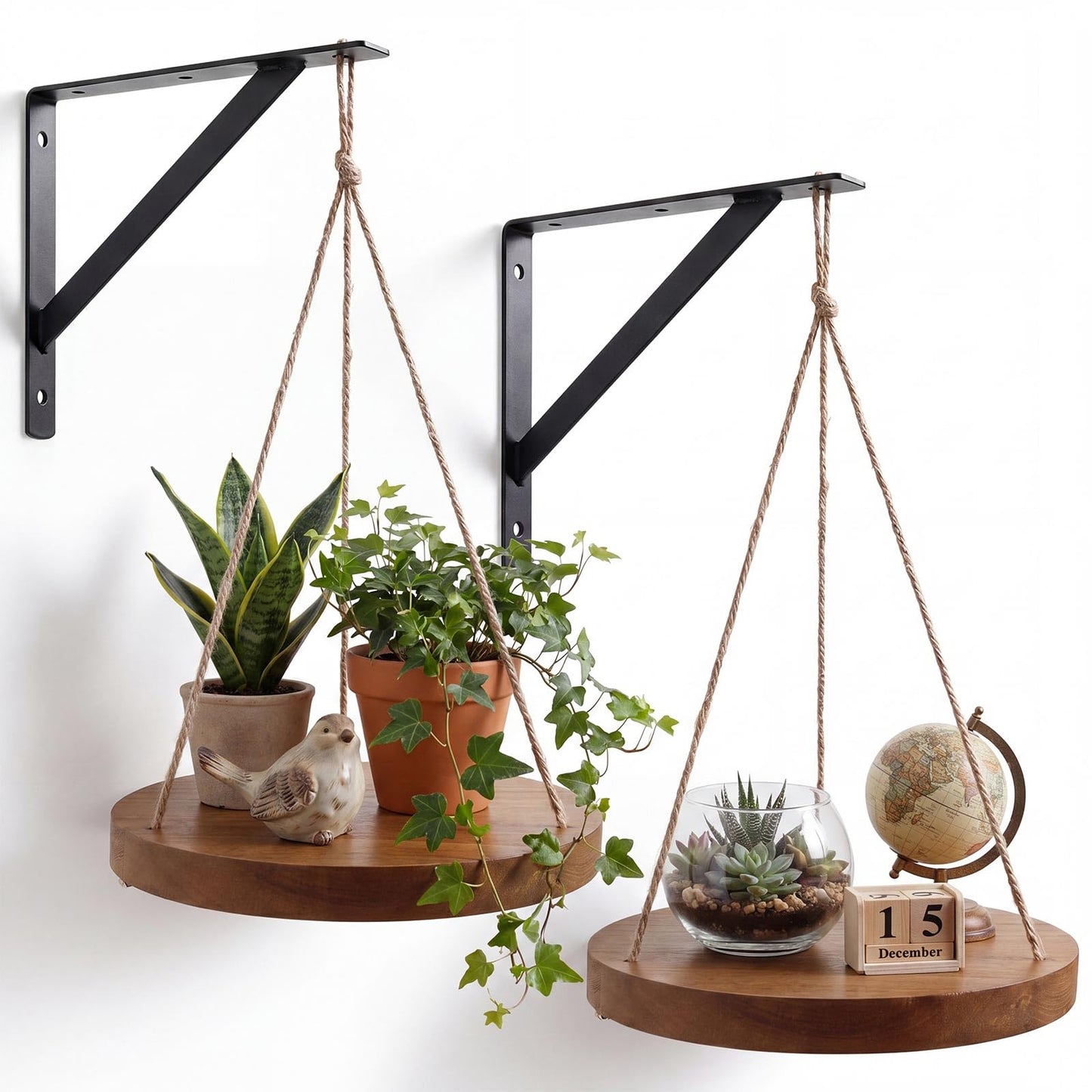 Xuhal 2 Set Hanging Plant Shelf Macrame Plant Hanger Indoor Natural Solid Wood Hangers Shelf with Rope Hanging Floating Shelves Display Planter Rack Decorative Flower Pot Holder Tray Boho Home Decor
