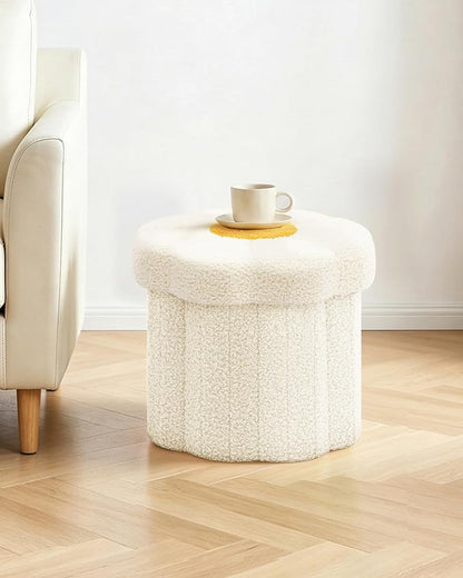 B FSOBEIIALEO Storage Ottoman Foldable, Sunflower Shaped Small Footrest Collapsible Folding Seat Bench for Bedroom Living Room Entryway, Faux Teddy Fur, White 12.6"x12.6"x11.4"
