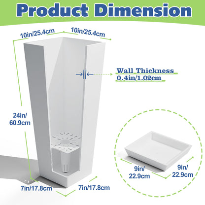 ART DEMO 23.6" Tall Outdoor Planters Large Tall Planter for Indoor or Outdoor, Set of 2 Tapered Square Flower Pots with Tray for Porch, Patio, Backyard(White)