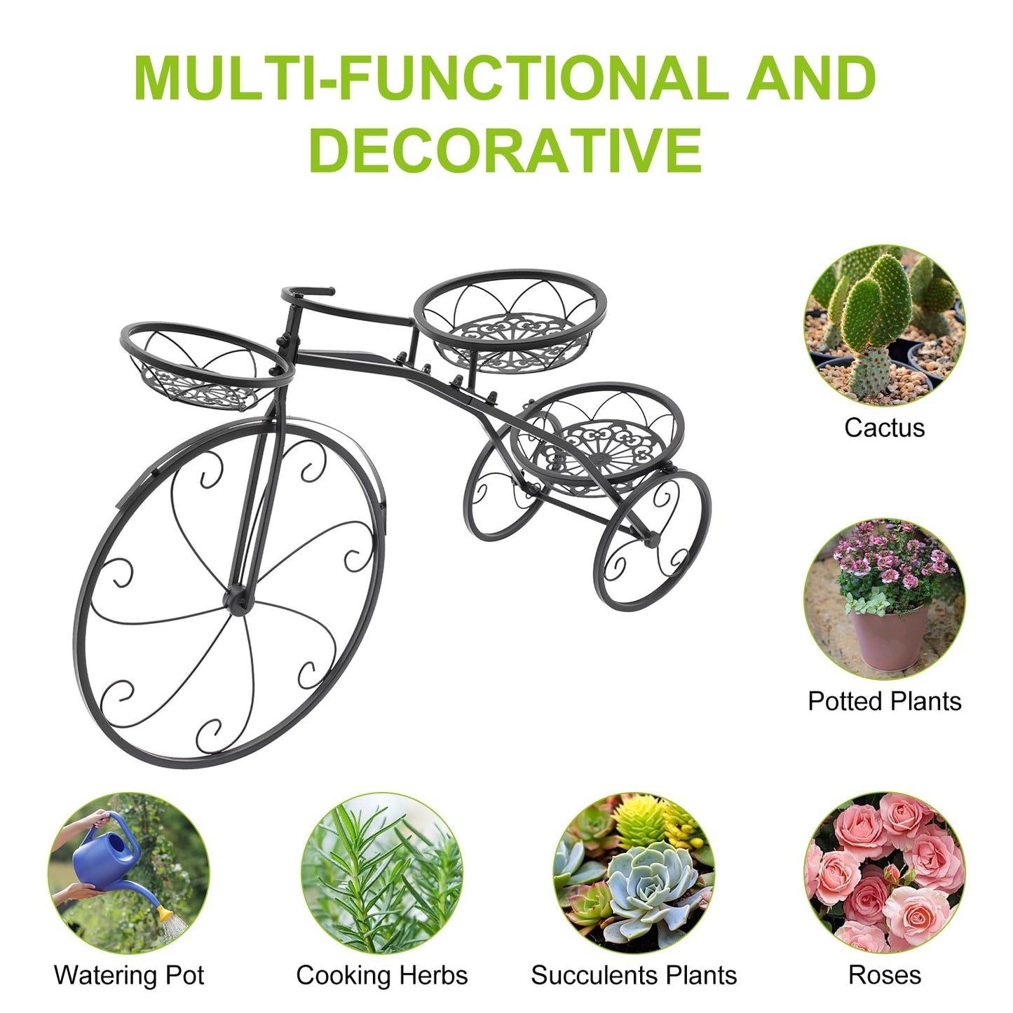 CCXYYFDJ Tricycle Plant Stand, Metal Bicycle Planter with 3 Plant Baskets, 66Lbs Capacity Detachable Bike Flower Pot Cart Holder for Patio Deck Garden Lawn Decorative