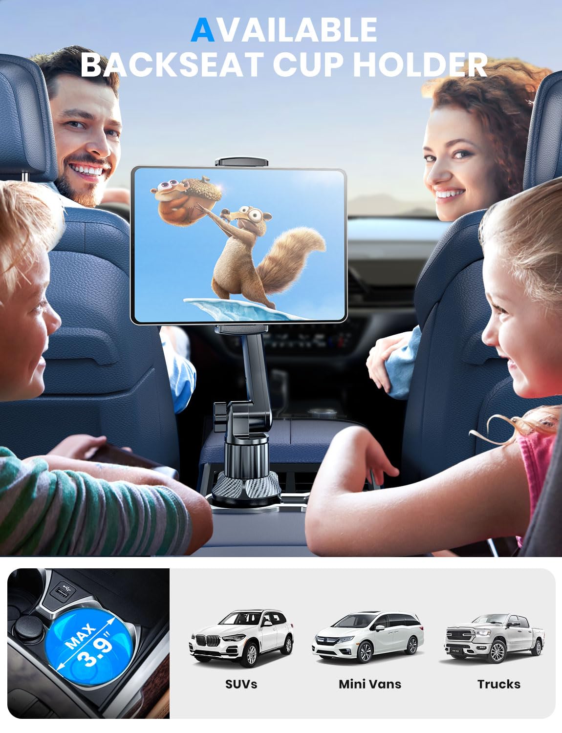 eSamcore Tablet Holder for Car, for iPad Stand Cup Holder Car Mount with 1.57" Depth Large Clamp 15" Height Adjustable Tab Mount Holder for 6"-12.9" Cell Phone iPhone Travel iPad Accessories