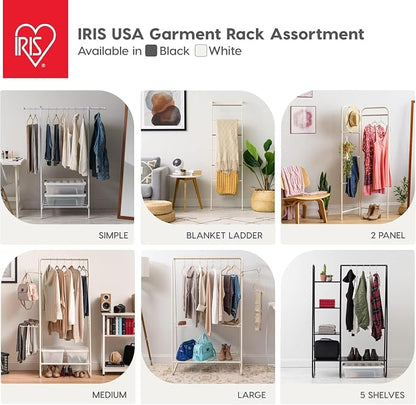 IRIS USA Stylish Corner Clothes Rack for Hanging Clothes, Easy to Assemble, Freestanding Metal Sturdy Garment Rack, Small Space Storage Solution, Modern Versatile Design, Boutique Style, White