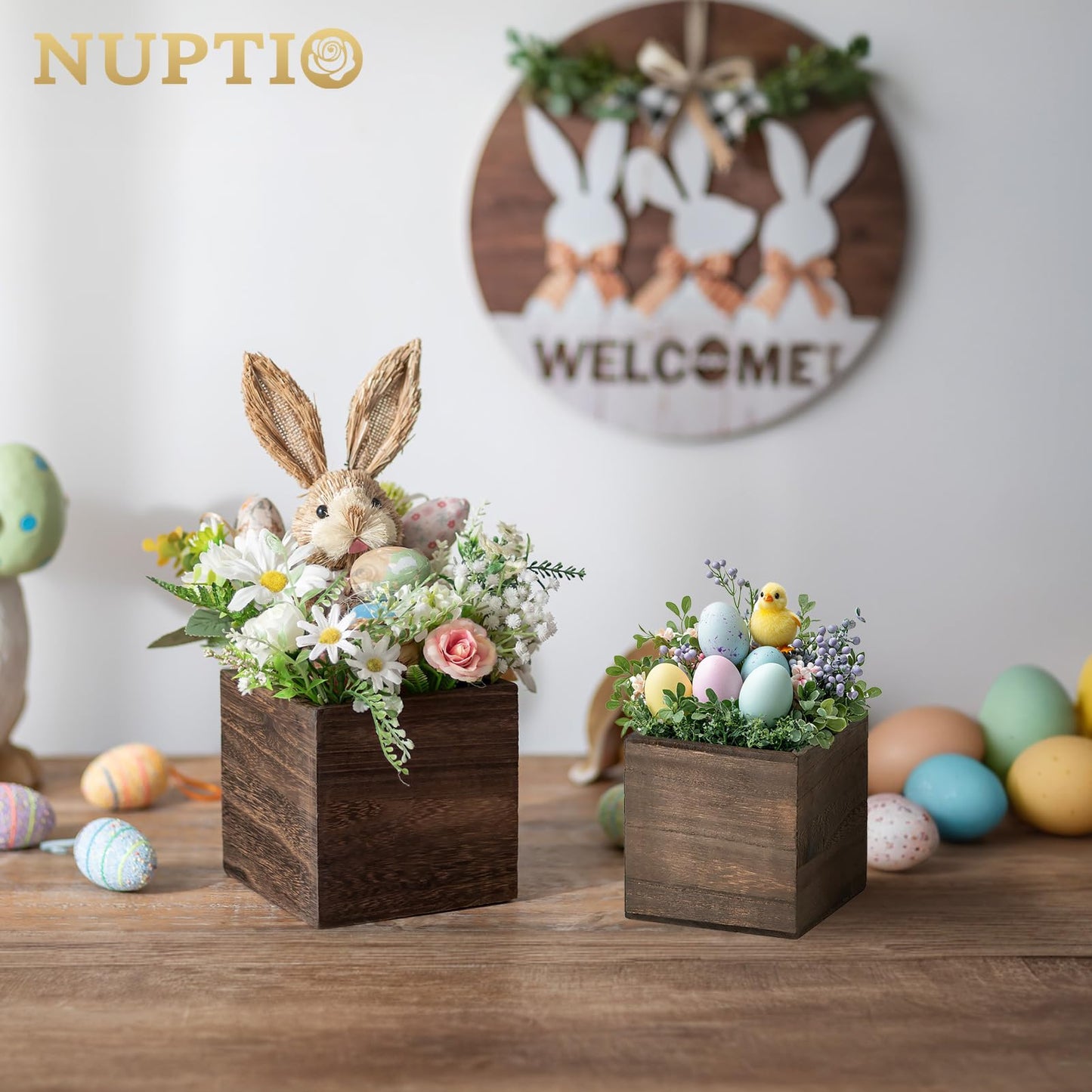 NUPTIO Wooden Box for Centerpiece Wedding: 12 Pcs Rustic Square Planter Box for Christmas Table Fall Decorations - 4×4" & 5×5" Small Wood Vases Flower Pots for Windowsill Home Garden Decor