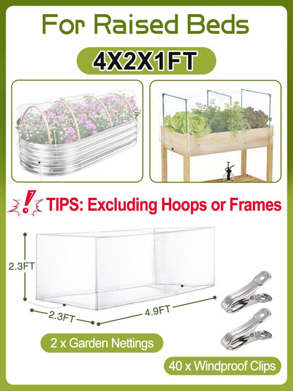 2 pcs Windproof Garden Netting for Raised Beds (4ft L x 2ft W x 1ft H) - 60 Mesh Bird Netting Garden Bed Cover with Drawstring & 40 Clips for Vegetables Flowers, Excluding Hoops or Frames