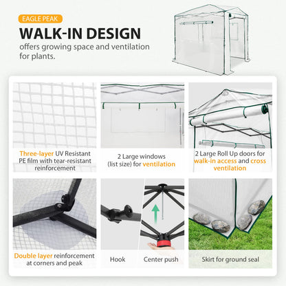 EAGLE PEAK 8x6 Portable Walk in Greenhouse, Pop Up Indoor Outdoor Greenhouse, Green House Kit with Zippered Roll-Up Doors and Windows, PE Cover, Clear/White