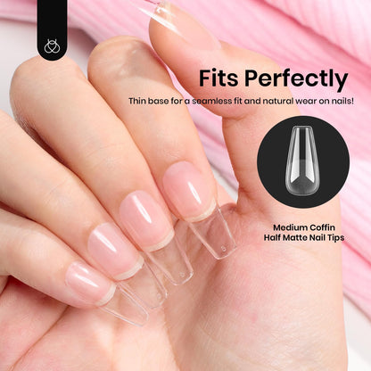 Beetles Gel Nail Kit Short Almond with Nail Dehydrator and Primer, 576Pcs Half Matte Etch-X Gel Nail Tips Solid Nail Glue Mini Nail Lamp Acrylic Nail Tips Easy DIY Nail Extension Set Gift for Women