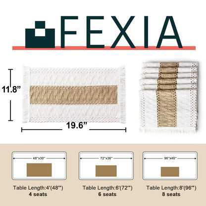 FEXIA Boho Placemats Set of 6, Macrame Table Decor Farmhouse Style Placemats in Natural Cotton Burlap, for Kitchen and Dining Table Centerpiece Home Decorations（Beige & Brown）