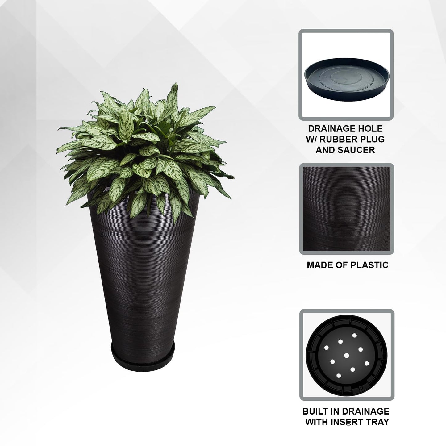 XBrand Modern 28-Inch Tall Round Planter, Modern Tapered Planter Perfect for Indoor & Outdoor Planter, Patio Décor, Set of 2, Black