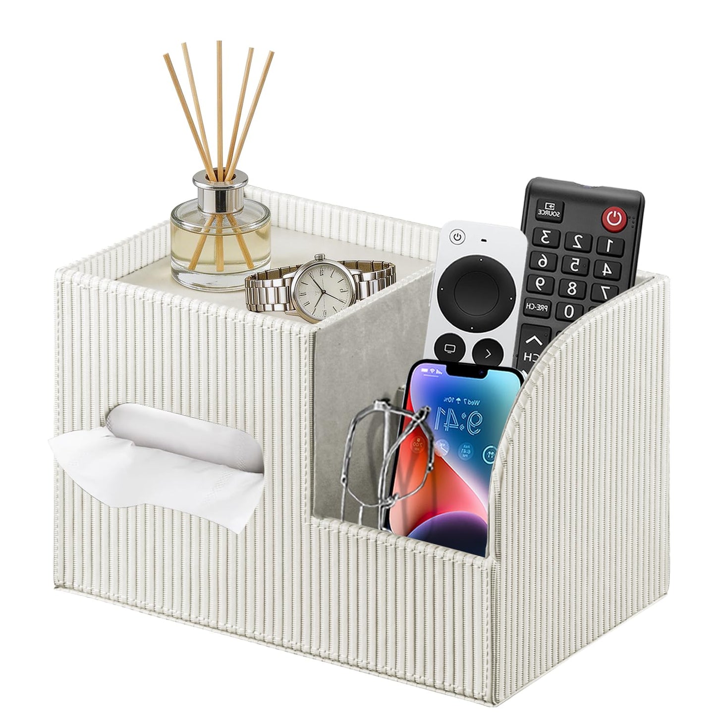 Fanousy Modern PU Leather Cube Tissue Box Cover with Storage Tray, Multifunctional Remote Control Holder & Facial Tissue Dispenser Organizer for Nightstand, Bathroom, Bedroom, Office & Home Decor