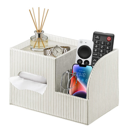 Fanousy Modern PU Leather Cube Tissue Box Cover with Storage Tray, Multifunctional Remote Control Holder & Facial Tissue Dispenser Organizer for Nightstand, Bathroom, Bedroom, Office & Home Decor
