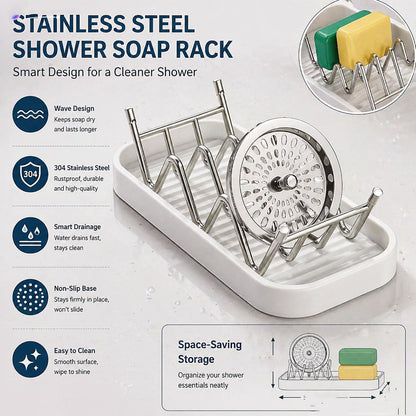 Bar Soap Holder with Removable Drip Tray,Rustproof SUS304 Stainless Steel Soap Dish for Shower Bathroom Countertop, Non-Slip Wave Bar Saver for Shampoo Soap Sponge, White