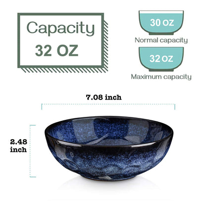 vicrays Ceramic Salad Bowls Set for Kitchen, Serving - 32 Ounce Soup Bowls, Pasta Bowls, Chip Resistant, Dishwasher Microwave Safe, Large, Fluted, stoneware, Set of 6 (Blue)