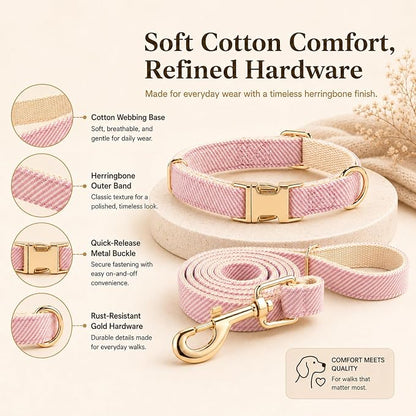 Herringbone Tweed Dog Collar and Leash Set for Large Dogs, Pink | Snag-free, no-rub design. Soft breathable cotton, gentle on fur. Adjustable durable matching combo for walks & outdoors.