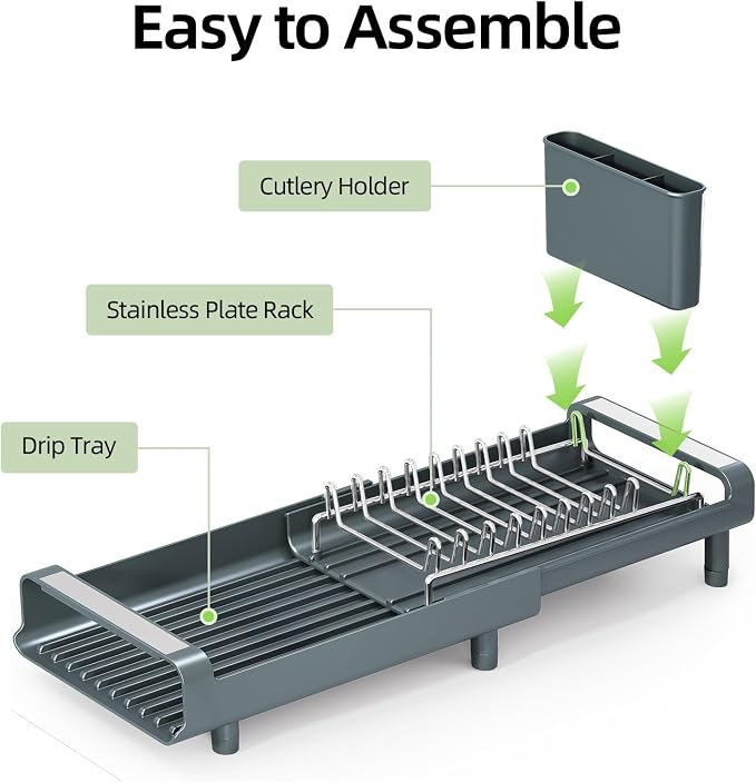 TOOLF Small Dish Drying Rack, Mini Expandable Compact Dish Rack, Slim Extendable Stainless Steel Dish Drainer for Kitchen Countertop, Space Saving Dish Strainer, Dark Slate Gray