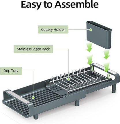TOOLF Small Dish Drying Rack, Mini Expandable Compact Dish Rack, Slim Extendable Stainless Steel Dish Drainer for Kitchen Countertop, Space Saving Dish Strainer, Dark Slate Gray